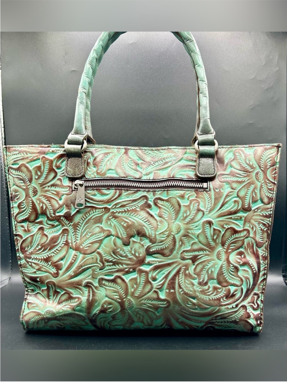 PATRICIA NASH Zancona Tooled Turquoise Leather Tote Bag Teal green Floral